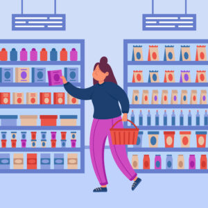 Female customer choosing food products on shelves of supermarket. Funny woman holding basket, person buying goods at grocery shop flat vector illustration. Shopping at store, consumerism concept