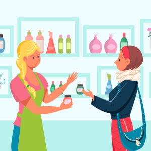 Seller cosmetic shop woman character assistant, female buyer purchase healthy skin care cream, perfumery boutique flat vector illustration. Concept retailer store fashion beauty makeup product.